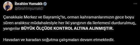 Bakan Yumaklı, Çanakkale'deki yangınların kontrol altına alındığını belirterek orman teşkilatına