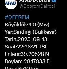 Balıkesir'in Sındırgı ilçesinde 4 büyüklüğünde deprem meydana geldi. AFAD, depremin