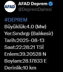 Balıkesir'in Sındırgı ilçesinde 4 büyüklüğünde deprem meydana geldi. AFAD, depremin