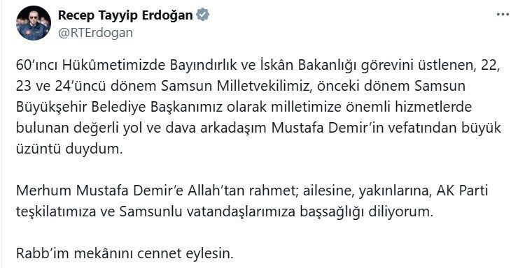 Cumhurbaşkanı Recep Tayyip Erdoğan, eski Samsun Büyükşehir Belediye Başkanı ve