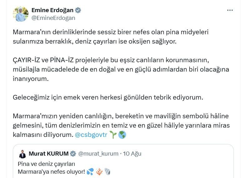 Emine Erdoğan, Marmara Denizi'ndeki ÇAYIR-İZ ve PİNA-İZ projelerinin deniz canlılarını
