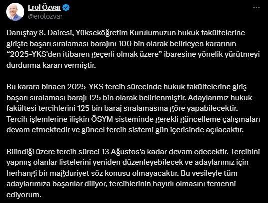 YÖK Başkanı Erol Özvar, hukuk fakültelerine giriş başarı sıralaması barajının