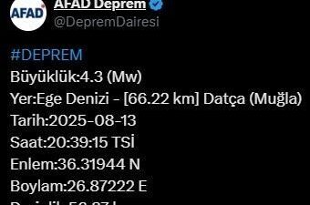 Muğla'nın Datça ilçesinde 56.87 kilometre derinliğinde 4.3 büyüklüğünde deprem meydana