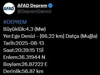 Muğla'nın Datça ilçesinde 56.87 kilometre derinliğinde 4.3 büyüklüğünde deprem meydana