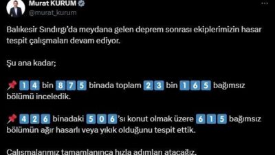 Bakan Murat Kurum, Sındırgı depreminin ardından ağır hasar gören 615