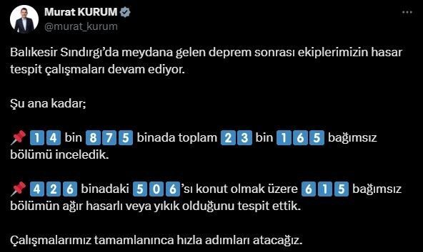 Bakan Murat Kurum, Sındırgı depreminin ardından ağır hasar gören 615
