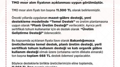 Toprak Mahsulleri Ofisi, 2025 mısır alım fiyatını ton başına 11.300