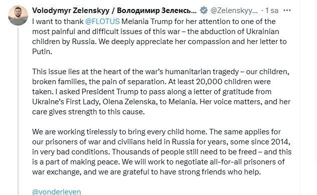 Ukrayna Devlet Başkanı Zelenskiy, Melania Trump'a gönderdiği mektuptaki çocuk kaçırma
