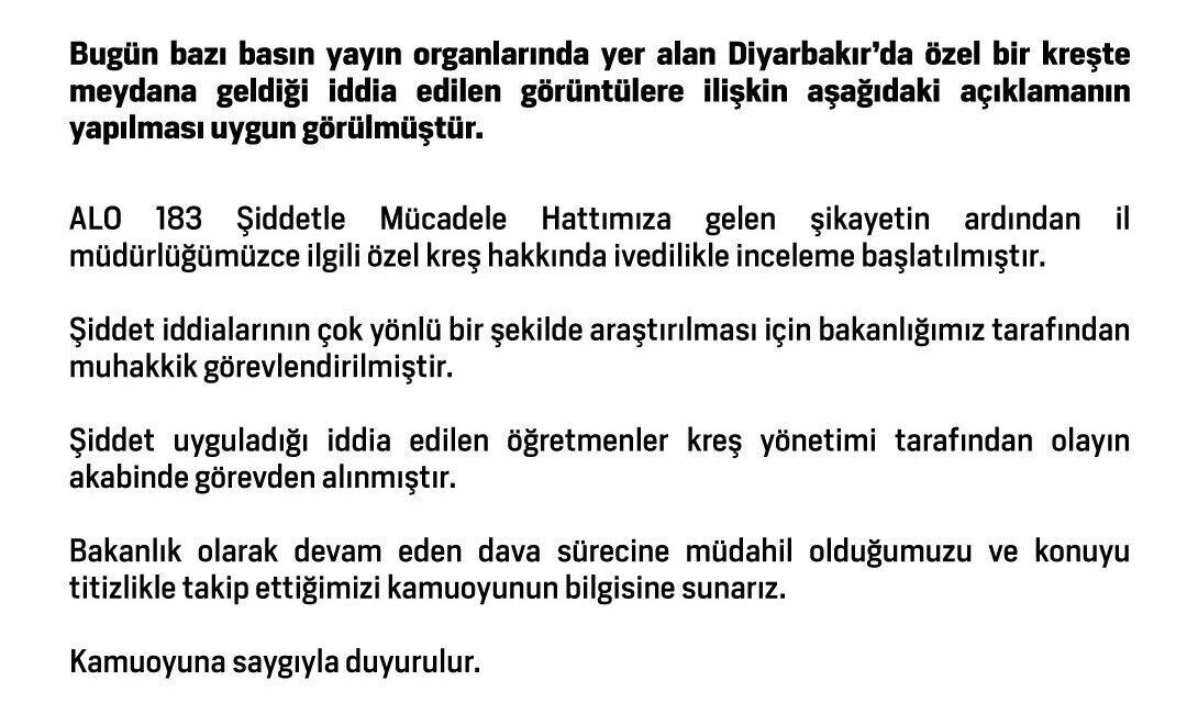 Diyarbakır'daki özel kreşte yaşanan şiddet iddialarına ilişkin Aile ve Sosyal