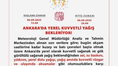 Ankara Valiliği, sosyal medya üzerinden Ankara'da kuvvetli yağış uyarısında bulundu.