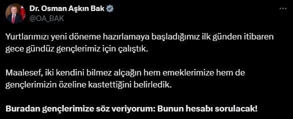 Gençlik ve Spor Bakanı Osman Aşkın Bak, GSB yurtlarında yaşanan