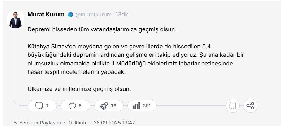 Bakan Murat Kurum, Kütahya Simav'da meydana gelen 5,4 büyüklüğündeki deprem
