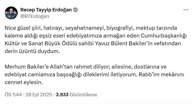 Cumhurbaşkanı Erdoğan, Cumhurbaşkanlığı Kültür ve Sanat Büyük Ödülü sahibi Yavuz