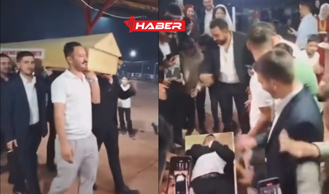 Yerköy’de Kırşehirlilerin düzenlediği düğün töreninde damadın arkadaşları, tabut kaldırarak renkli
