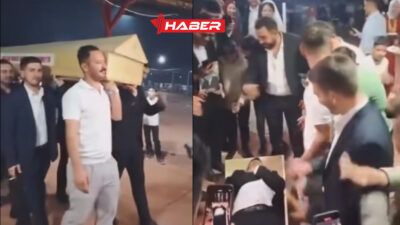 Yerköy’de Kırşehirlilerin düzenlediği düğün töreninde damadın arkadaşları, tabut kaldırarak renkli