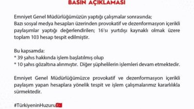 Emniyet Genel Müdürlüğü, sosyal medya üzerinden provokatif paylaşımlar yapan 39