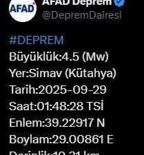 Kütahya'nın Simav ilçesinde meydana gelen 4.5 büyüklüğündeki depremi AFAD açıkladı.