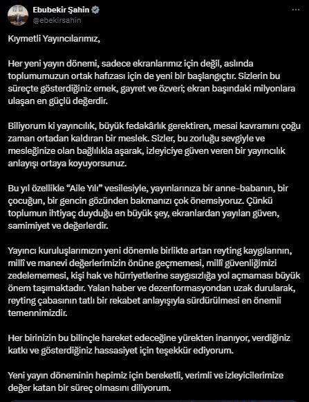 RTÜK Başkanı Ebubekir Şahin, yayıncıların reyting kaygısından uzak durarak güven