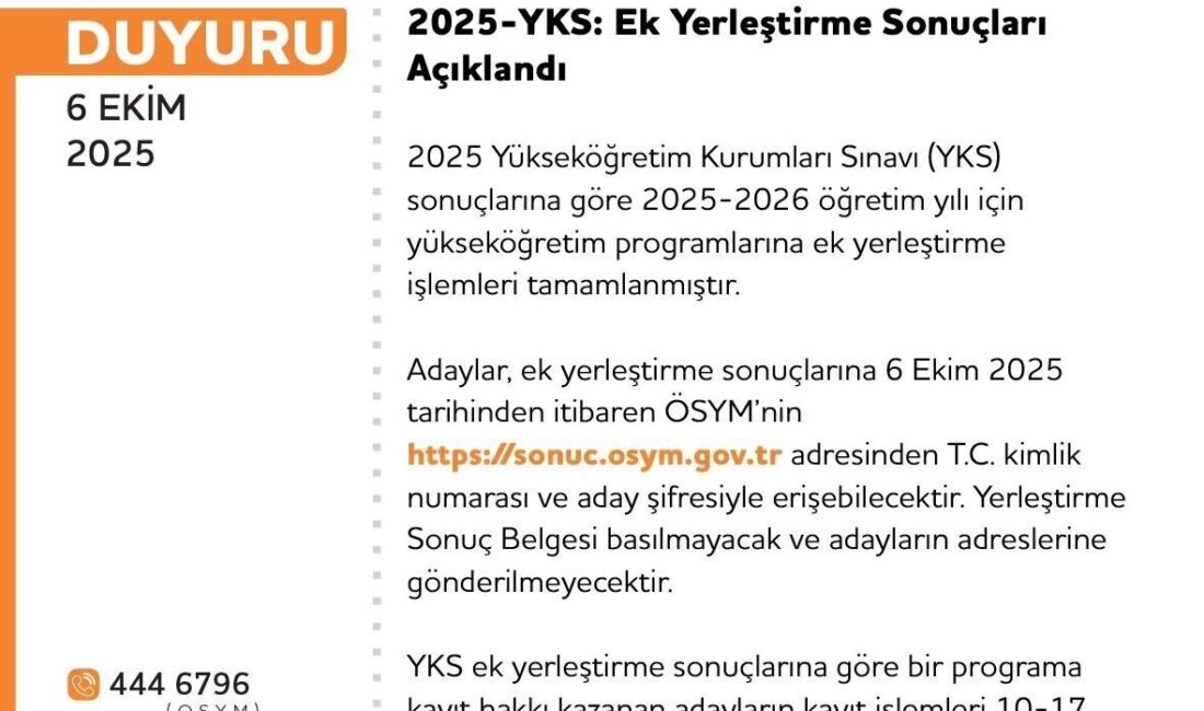 2025 Yükseköğretim Kurumları Sınavı (YKS) ek yerleştirme sonuçları açıklandı. Adaylar