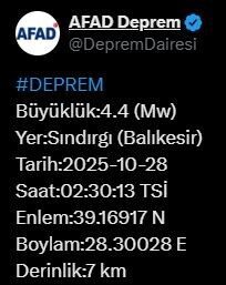 Balıkesir’in Sındırgı ilçesinde 4.4 büyüklüğünde bir deprem daha meydana geldi.