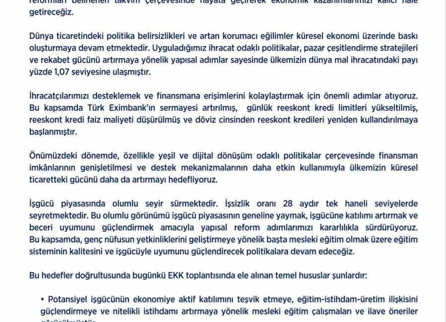 Ekonomi Koordinasyon Kurulu toplantısında 2026-2028 Orta Vadeli Program (OVP) kapsamında