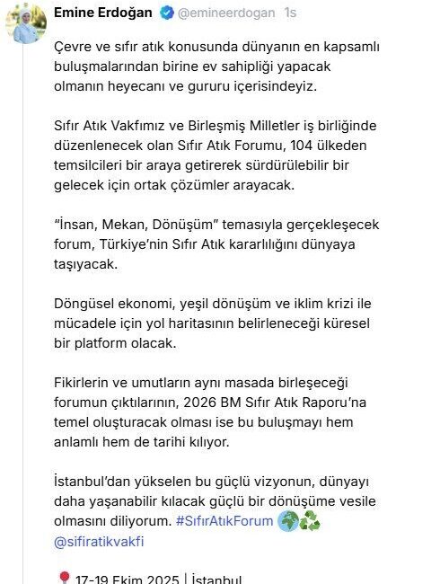 Emine Erdoğan, İstanbul'da düzenlenecek Sıfır Atık Forumu'nda 104 ülkeden temsilcileri