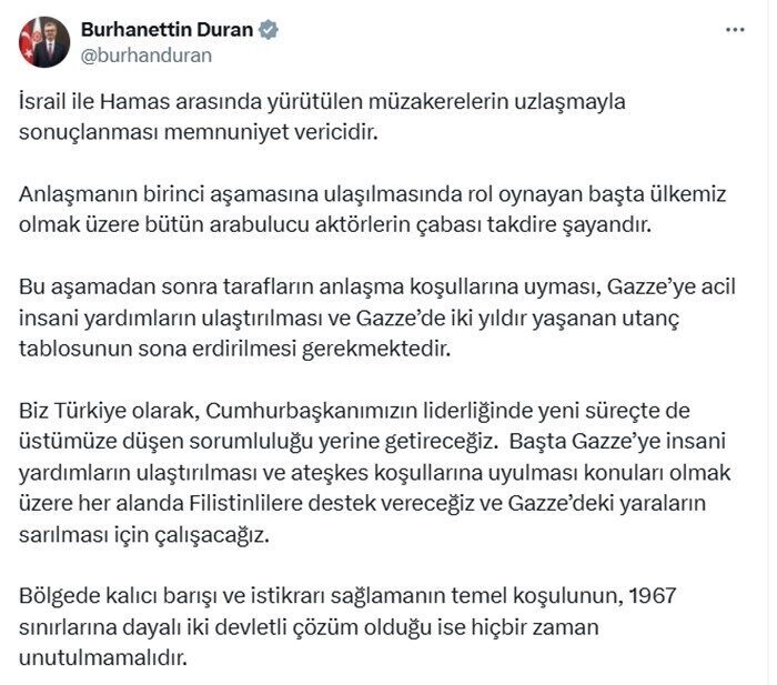Cumhurbaşkanlığı İletişim Başkanı Burhanettin Duran, İsrail ile Hamas arasındaki müzakerelerin