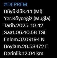 Muğla'nın Köyceğiz ilçesinde 4.1 büyüklüğünde deprem meydana geldiği AFAD tarafından