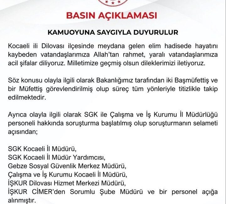 Çalışma ve Sosyal Güvenlik Bakanlığı, Kocaeli’nin Dilovası ilçesinde 6 kişinin