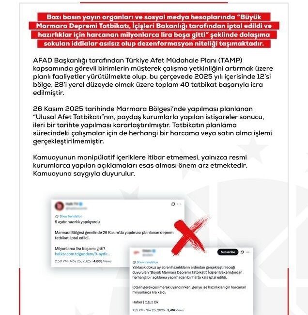 Dezenformasyonla Mücadele Merkezi (DMM) tarafından yapılan açıklamada, Büyük Marmara Depremi