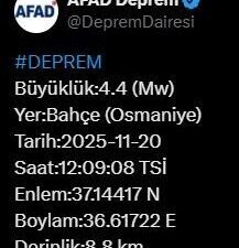 Afet ve Acil Durum Yönetimi Başkanlığı (AFAD), Osmaniye’de 4.4 büyüklüğünde