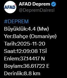 Afet ve Acil Durum Yönetimi Başkanlığı (AFAD), Osmaniye’de 4.4 büyüklüğünde