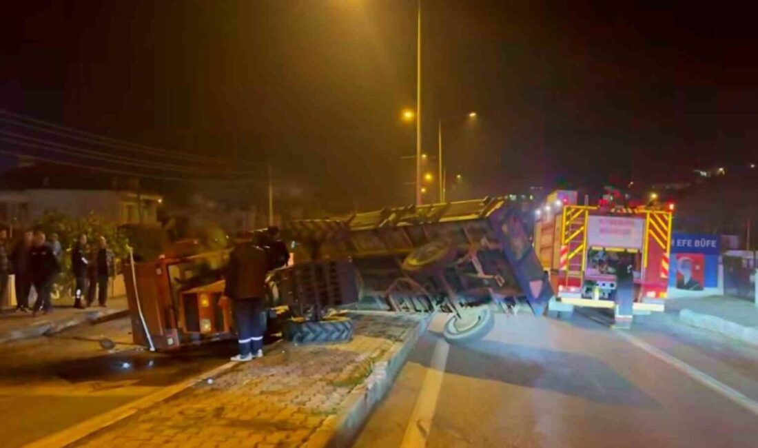Söke ilçesinde meydana gelen trafik kazasında, römorklu bir traktörün devrilmesi