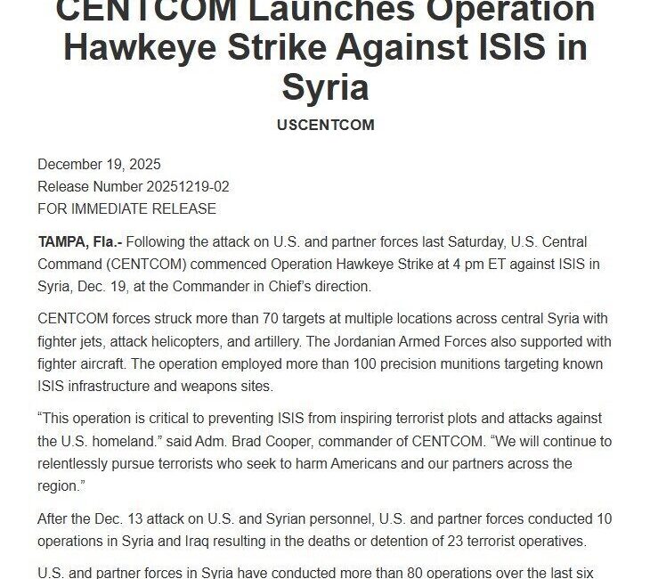 ABD Merkez Kuvvetler Komutanlığı, Suriye’deki DEAŞ unsurlarına karşı yürütülen “Hawkeye