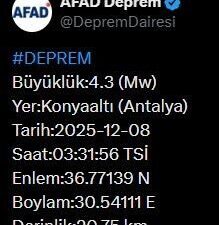Antalya’da AFAD tarafından bildirilen verilere göre bugün sabaha karşı saat