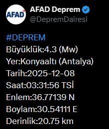 Antalya’da AFAD tarafından bildirilen verilere göre bugün sabaha karşı saat