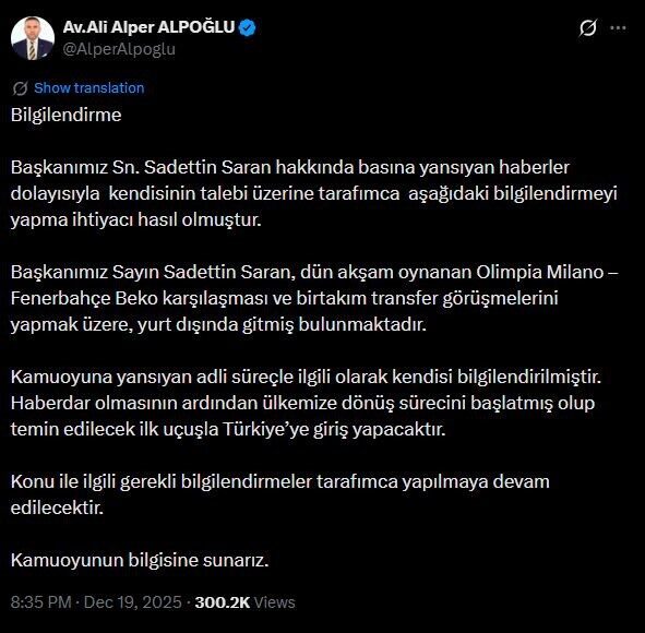 Fenerbahçe Spor Kulübü’nün eski yönetim kurulu üyelerinden Avukat Ali Alper