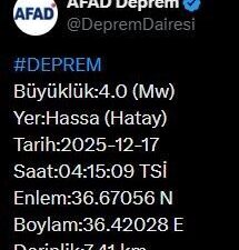 Hatay’da meydana gelen 4.0 büyüklüğündeki deprem, Afet ve Acil Durum