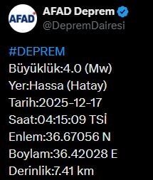 Hatay’da meydana gelen 4.0 büyüklüğündeki deprem, Afet ve Acil Durum