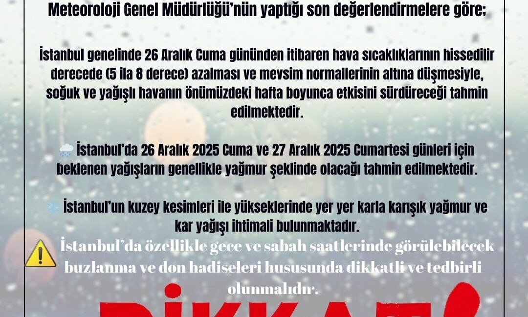 İstanbul Valiliği, kentin kuzey kesimleri ile yükseklerinde cuma ve cumartesi