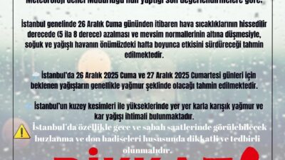İstanbul Valiliği, kentin kuzey kesimleri ile yükseklerinde cuma ve cumartesi