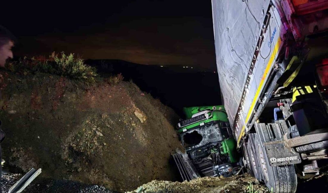 Manavgat ilçesinde meydana gelen trafik kazasında tır şarampole devrildi ve