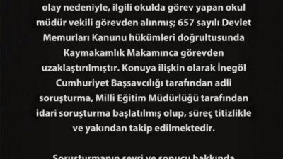 Bir öğrenciyi bayrak töreninde itekleyerek darbettiği iddia edilen İnegöl ilçesindeki