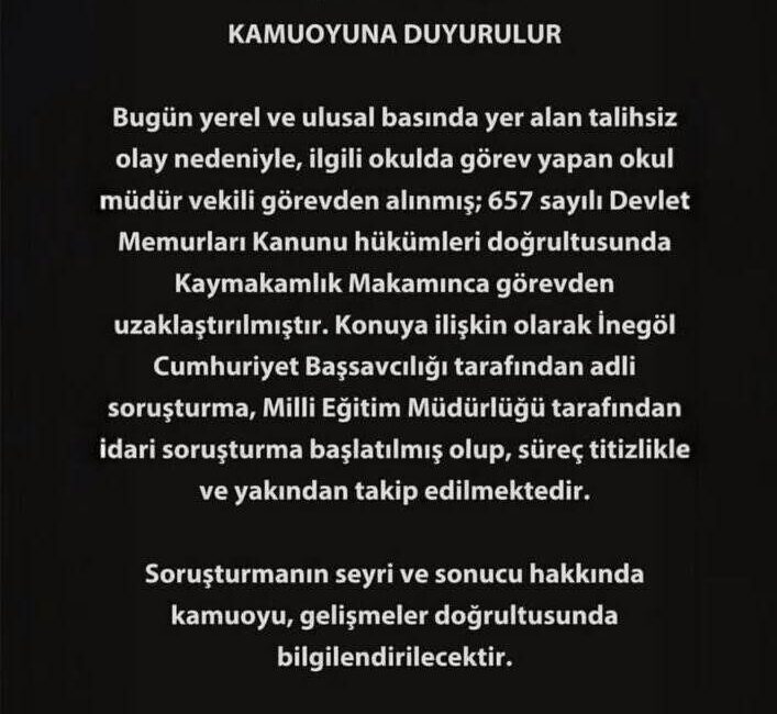 Bir öğrenciyi bayrak töreninde itekleyerek darbettiği iddia edilen İnegöl ilçesindeki