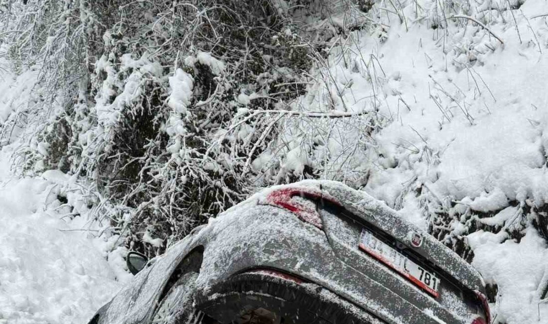 Düzce’de kar nedeniyle kayganlaşan yolda kontrolü elden kaçan bir otomobilin