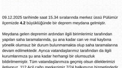 Tunceli’nin Pülümür ilçesinde meydana gelen 4.2 büyüklüğündeki deprem sonrasında valilik