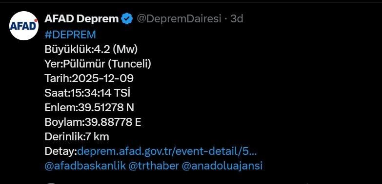 Tunceli’nin Pülümür ilçesinde meydana gelen 4.2 büyüklüğündeki deprem, Afet ve