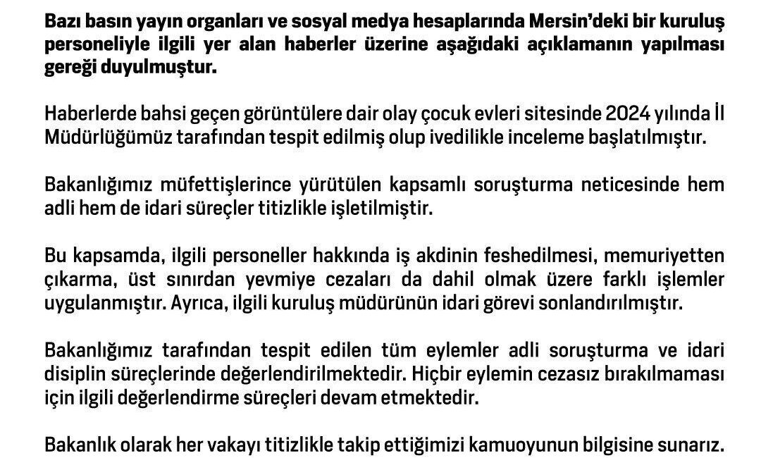 Aile ve Sosyal Hizmetler Bakanlığı, Mersin’deki çocuk evleri sitesinde bir