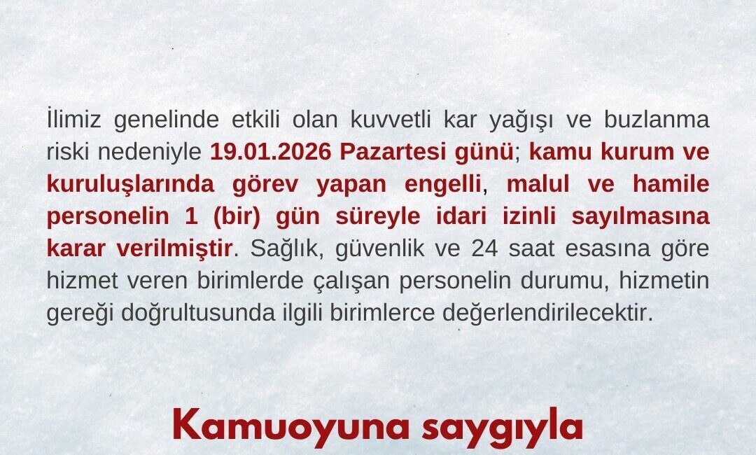 Bartın Valiliği, yoğun kar yağışı ve buzlanma nedeniyle kamu çalışanlarına