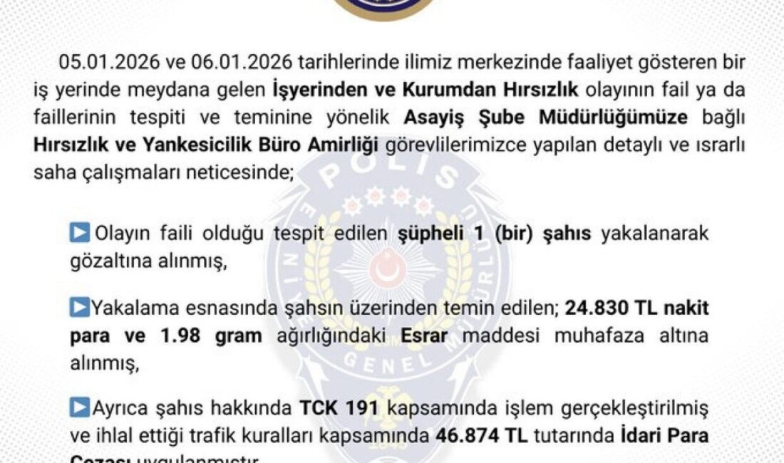 Bingöl’de bir iş yerinde meydana gelen hırsızlık olayıyla ilgili şüpheliyi